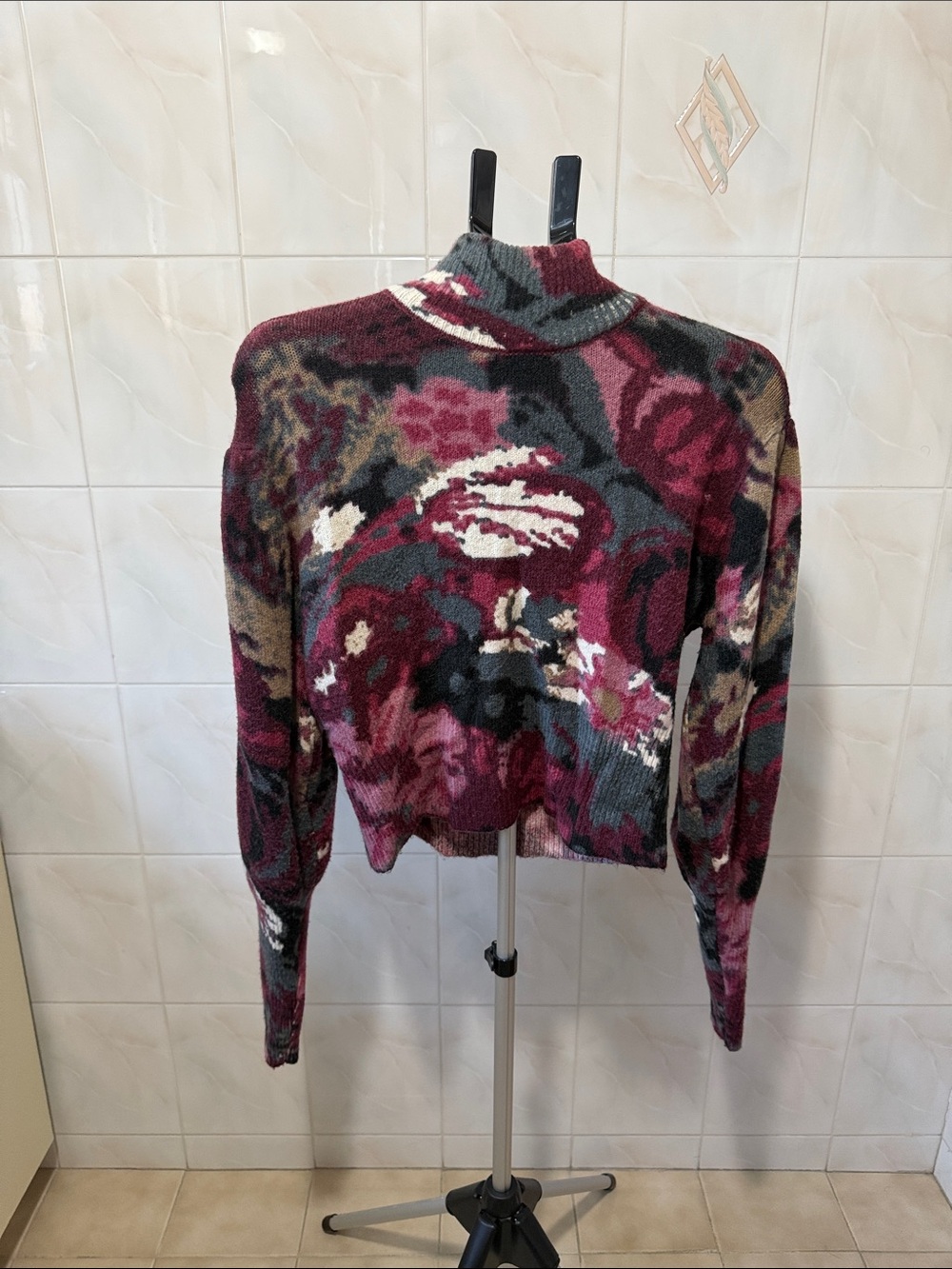 Women's Floral Mock Neck Sweater - Burgundy Multi